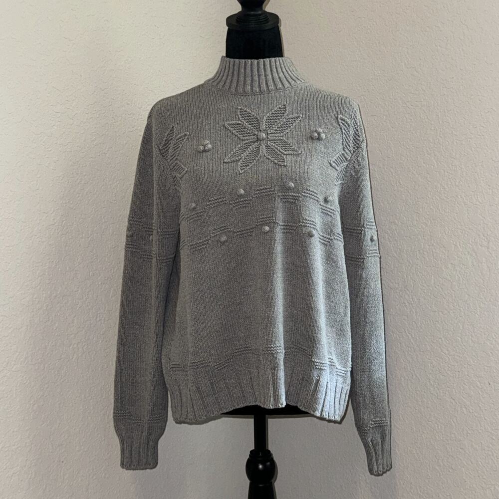 Croft And Barrow Sweater Women's XL Gray Textured Floral Ribbed Cuffs Mock Neck